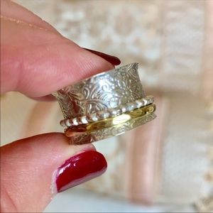 Sterling Silver Spinner Ring, Beaded & Gold Bands